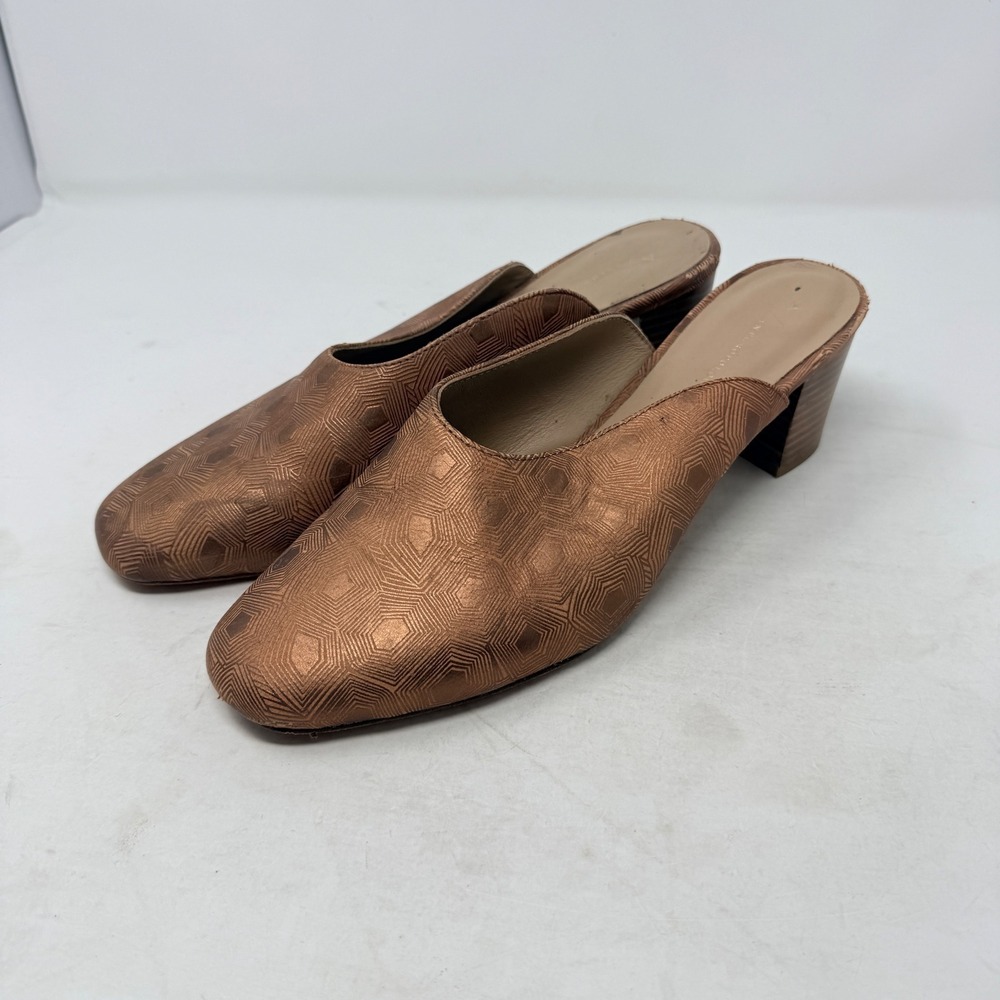 Anthropologie Bronze Geometric Textured Block Heel Mules Size 11